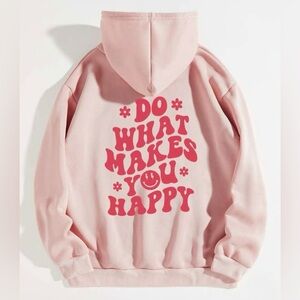 Do What Makes You Happy Slogan & Cartoon Drawstring Pink Thermal Lined Hoodie